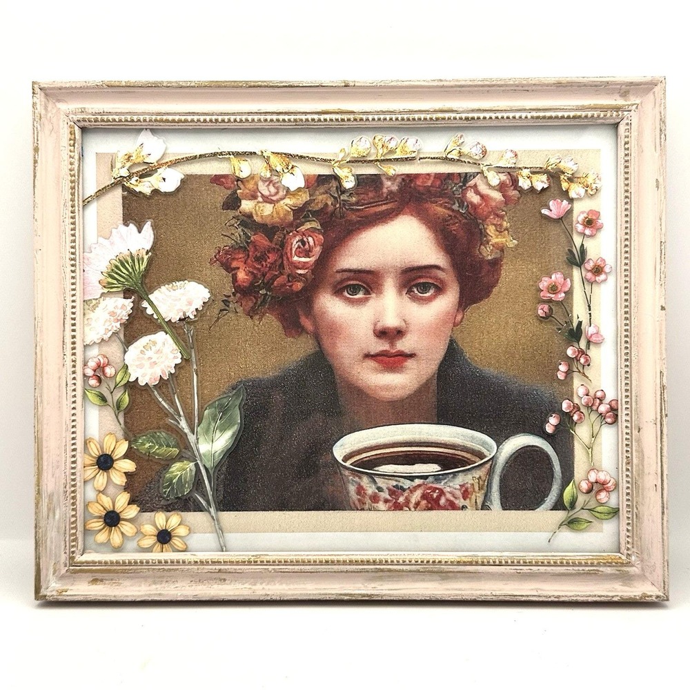 Victorian Style 3D Decoupage Floral Woman Tea Cup Wood Framed Wall Art 11x9
